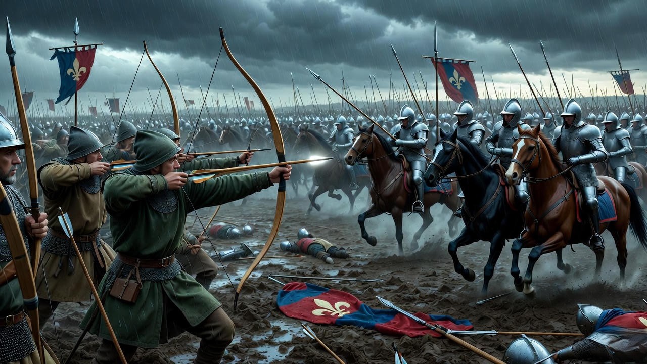 Battle of Agincourt with English archers facing French knights, inspiration for Shakespeare's Henry V