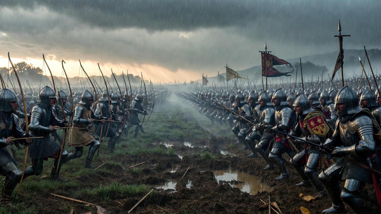 Battle of Agincourt 1415: outnumbered English army facing the French on muddy fields before the historic victory