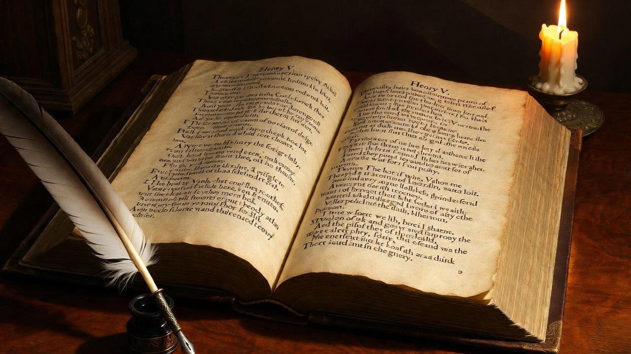 Open First Folio edition of Shakespeare's Henry V displaying the original St. Crispin's Day speech text