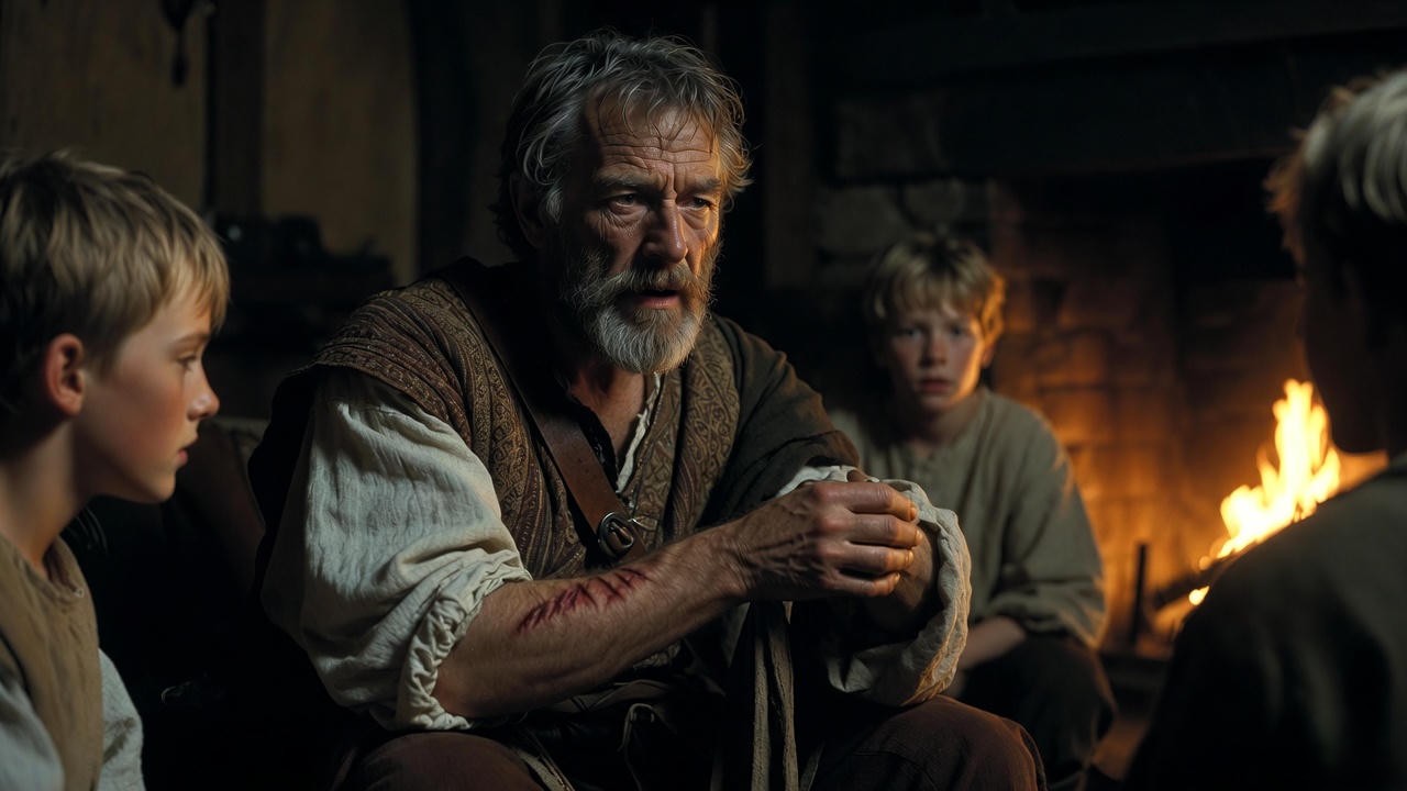 Medieval veteran showing battle scars while recounting stories, illustrating themes of honor and remembrance in Henry V