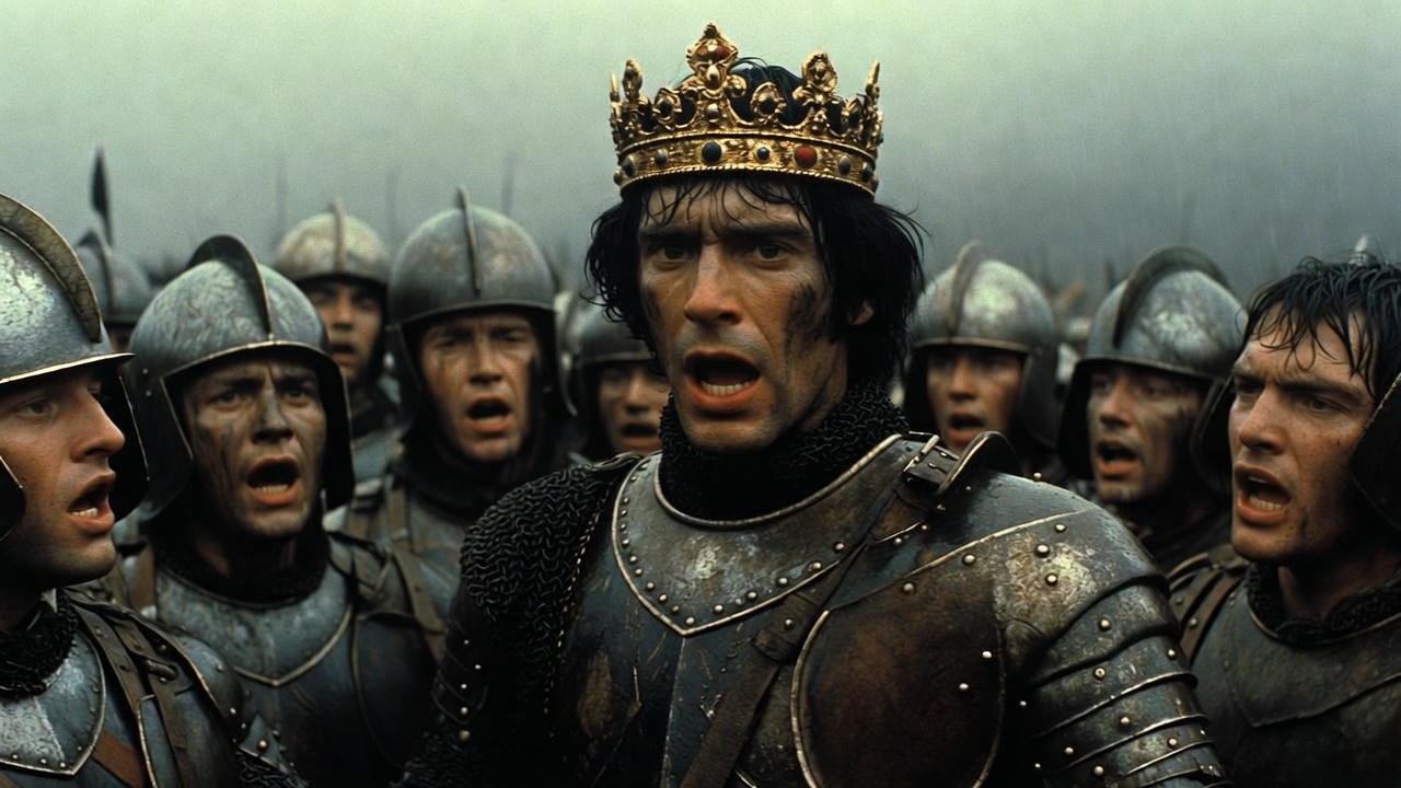 King Henry V delivering the St. Crispin's Day speech to his soldiers before Agincourt in dramatic cinematic style