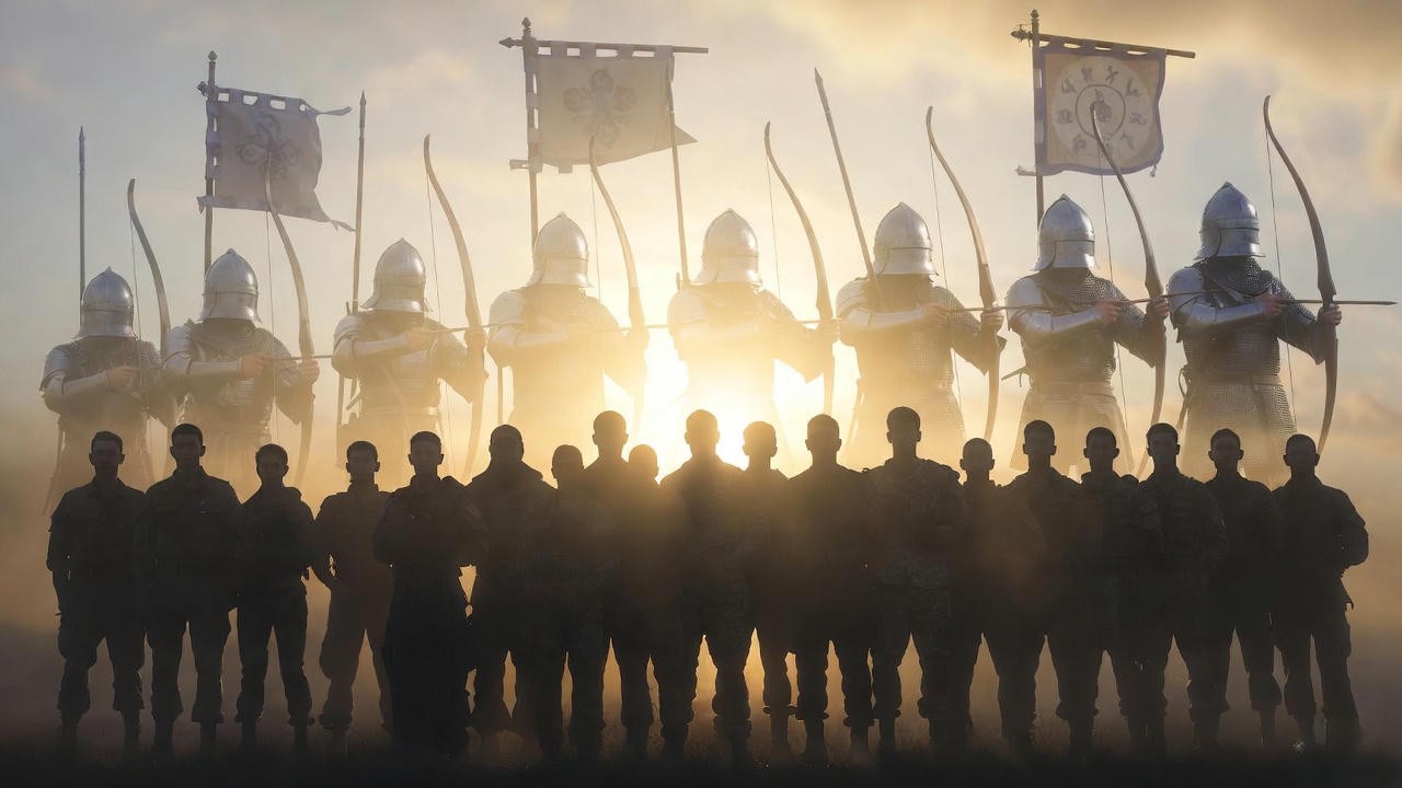 Timeless brotherhood: modern figures united at sunset echoing the band of brothers theme from Shakespeare's Henry V