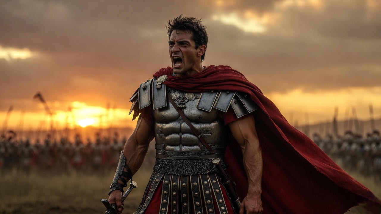 Mark Antony in Roman armor on battlefield, representing Shakespeare's tragic hero in Antony and Cleopatra