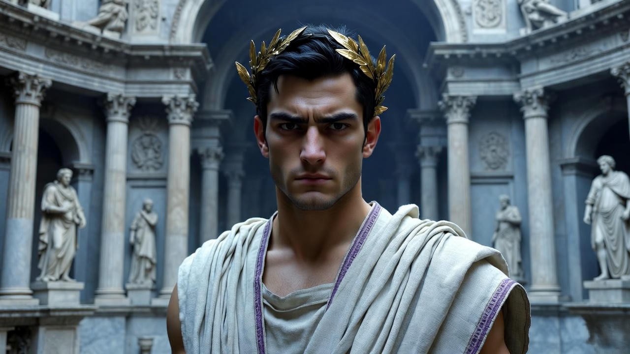 Octavius Caesar in Roman forum wearing laurel wreath, symbolizing order and power in Antony and Cleopatra