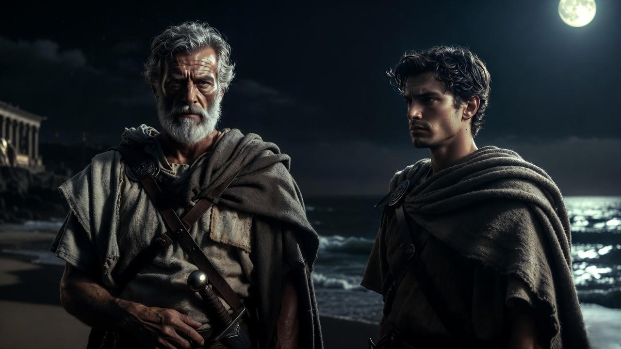 Enobarbus in contemplative pose by the sea, representing loyalty and regret in Shakespeare's Antony and Cleopatra