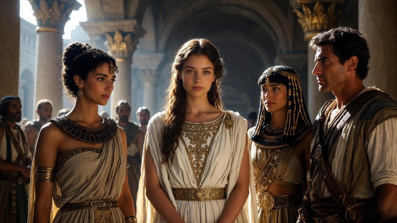 Supporting characters Octavia, Charmian, Iras, and Pompey from Shakespeare's Antony and Cleopatra