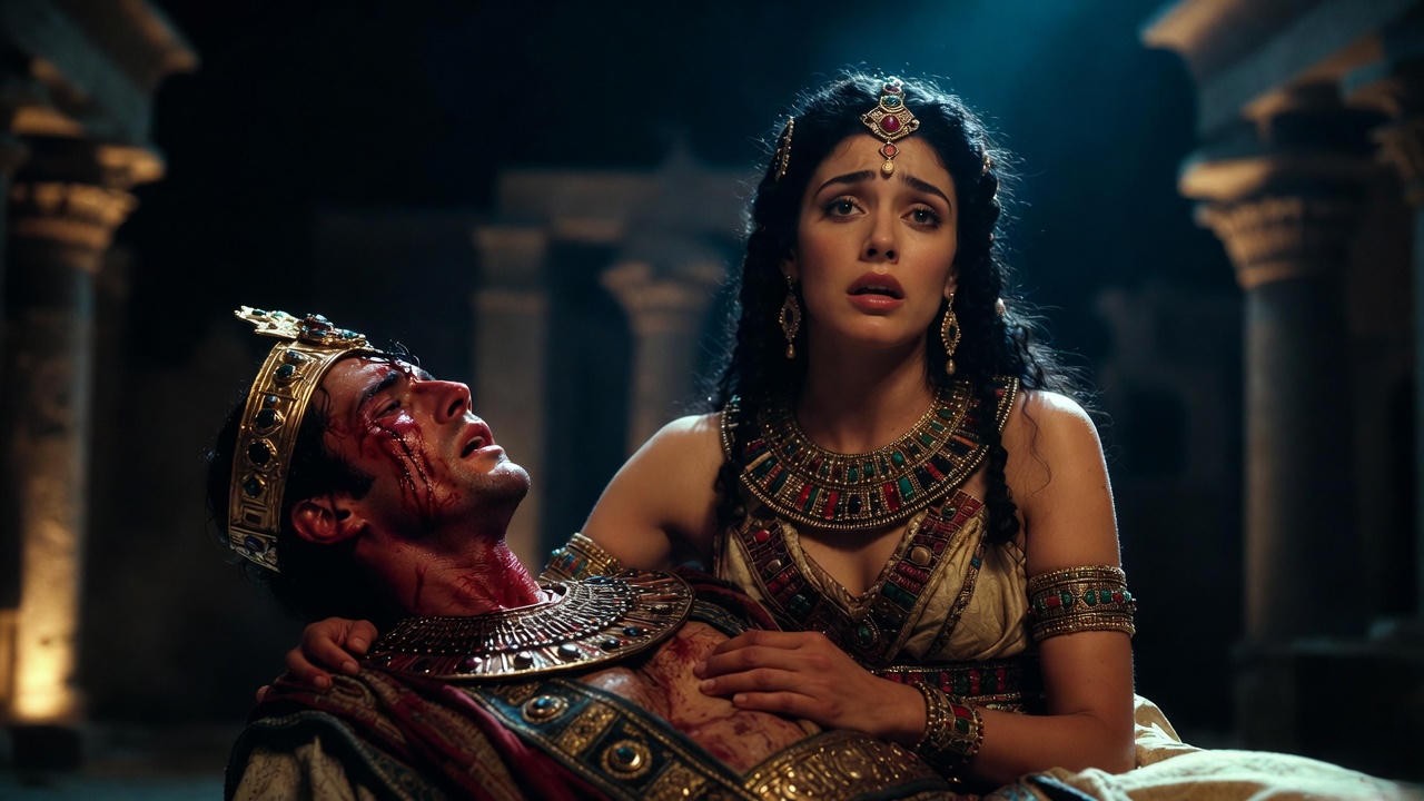 Theatrical scene of Antony dying in Cleopatra's arms from Shakespeare's Antony and Cleopatra