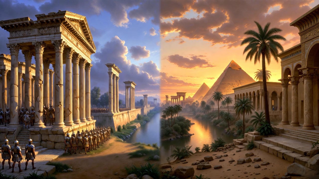 Contrast between Rome and Egypt in Shakespeare's Antony and Cleopatra, symbolizing cultural and thematic foils.