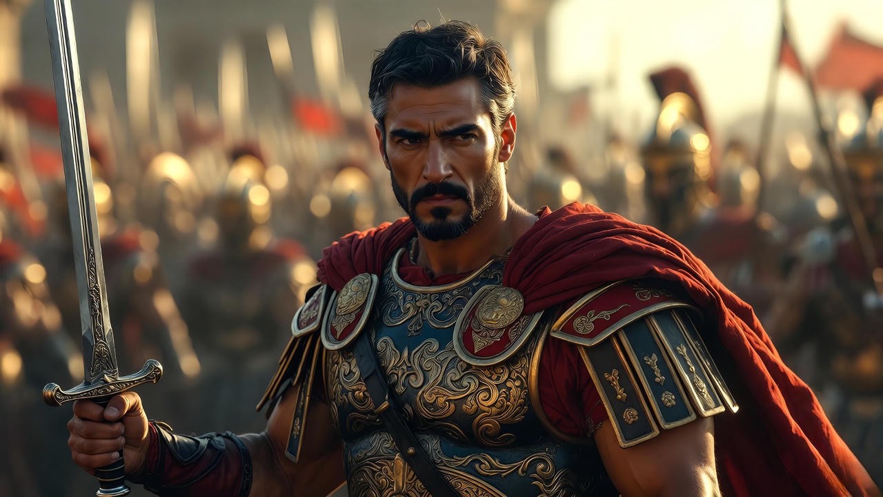 Mark Antony as tragic hero in Roman armor, illustrating internal division in Shakespeare's Antony and Cleopatra.