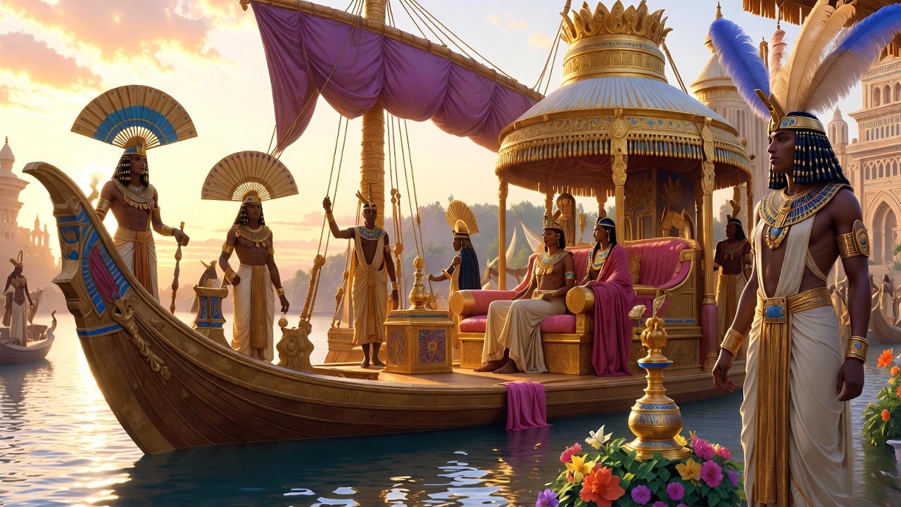 Cleopatra on her golden barge on the Nile, Enobarbus description in Shakespeare's Antony and Cleopatra.