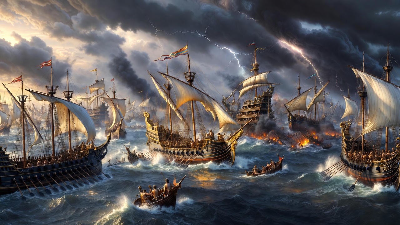 Battle of Actium naval clash illustrating love vs duty in Shakespeare's Antony and Cleopatra.