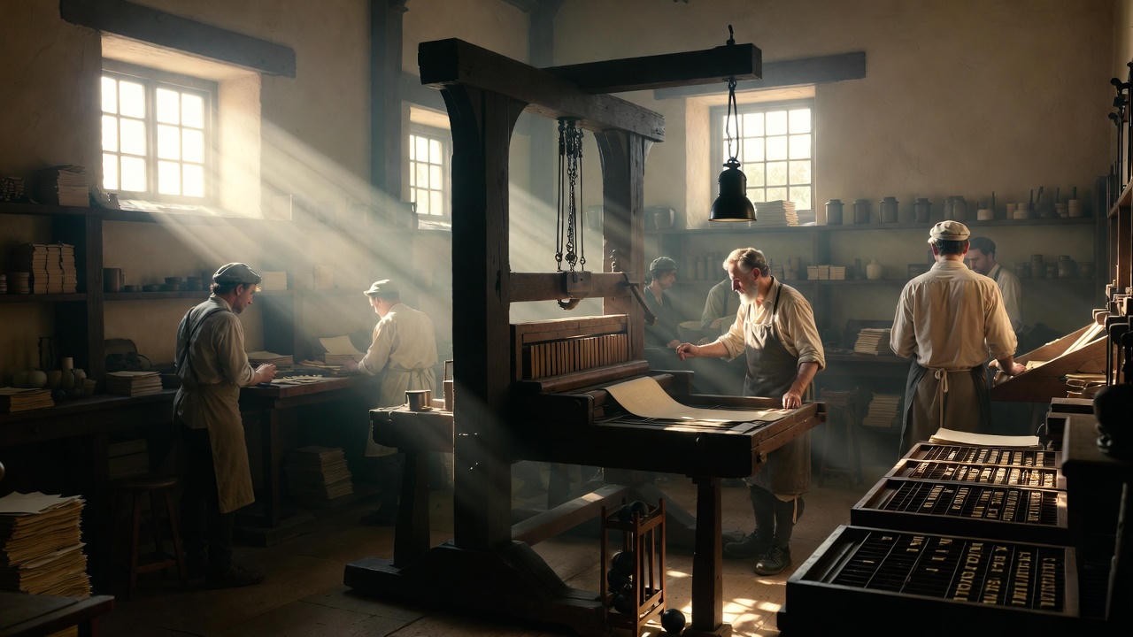 17th-century printing press workshop where Shakespeare's 1623 First Folio was produced