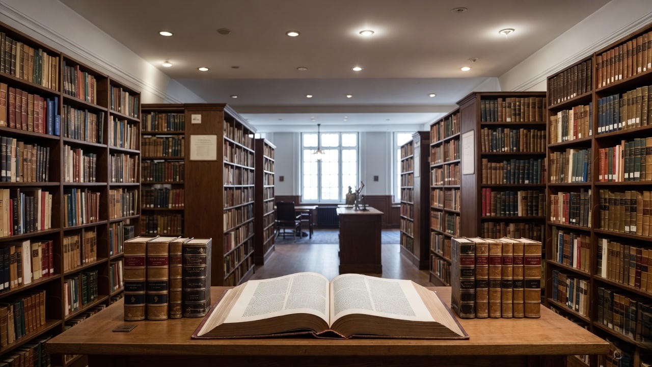 Rare book library with open antique folio, representing access to Shakespeare's 1623 First Folio today
