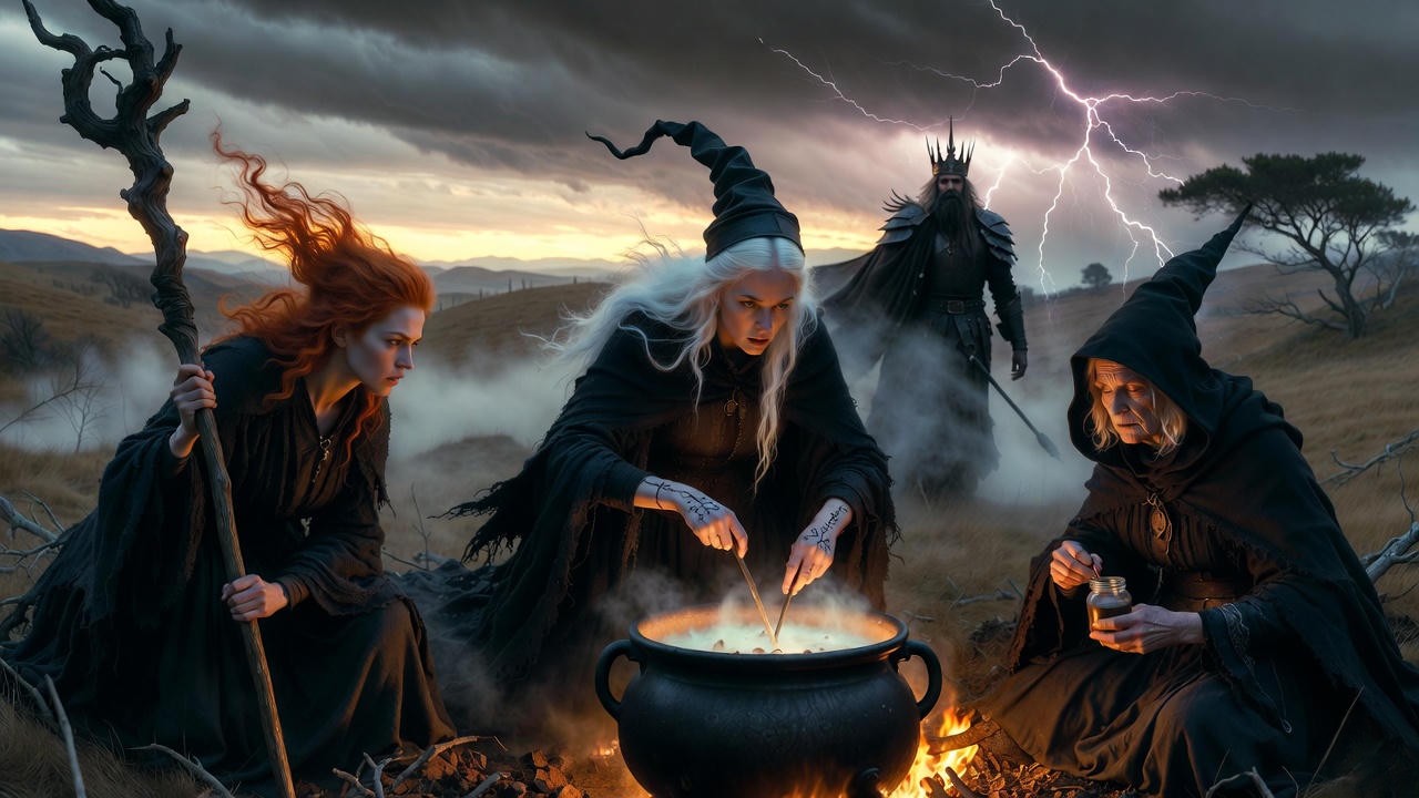 Three witches prophesying to Macbeth on a stormy moor, symbolizing the corrupting allure of power in Shakespeare's tragedy.