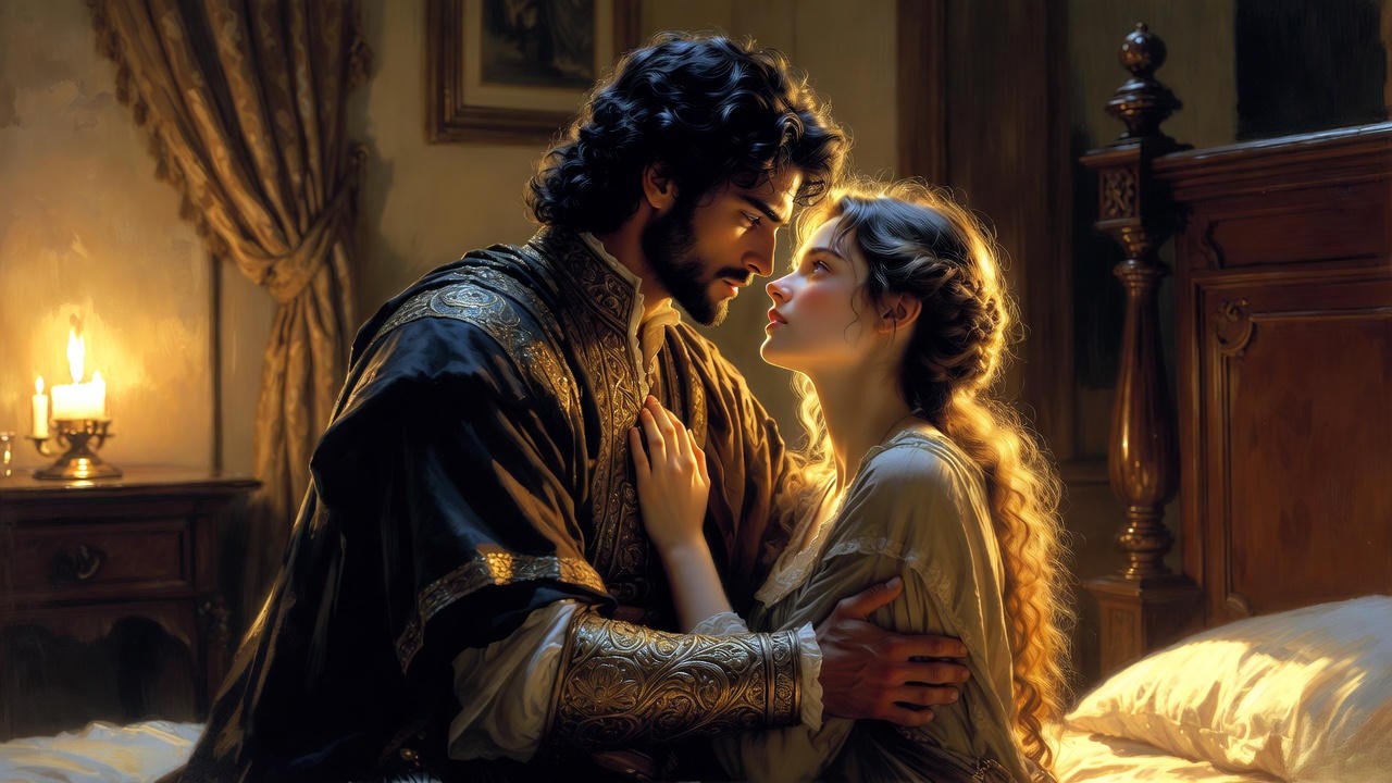 Othello embracing Desdemona in a tense moment, capturing Shakespeare's insights into jealousy and betrayal in human nature.