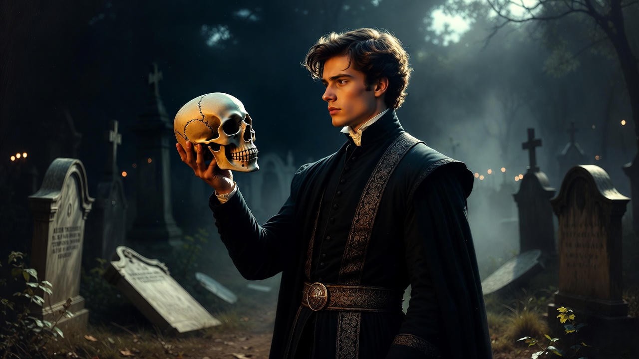 Hamlet contemplating Yorick's skull in a moonlit graveyard, representing Shakespeare's profound insights into mortality and human existence.