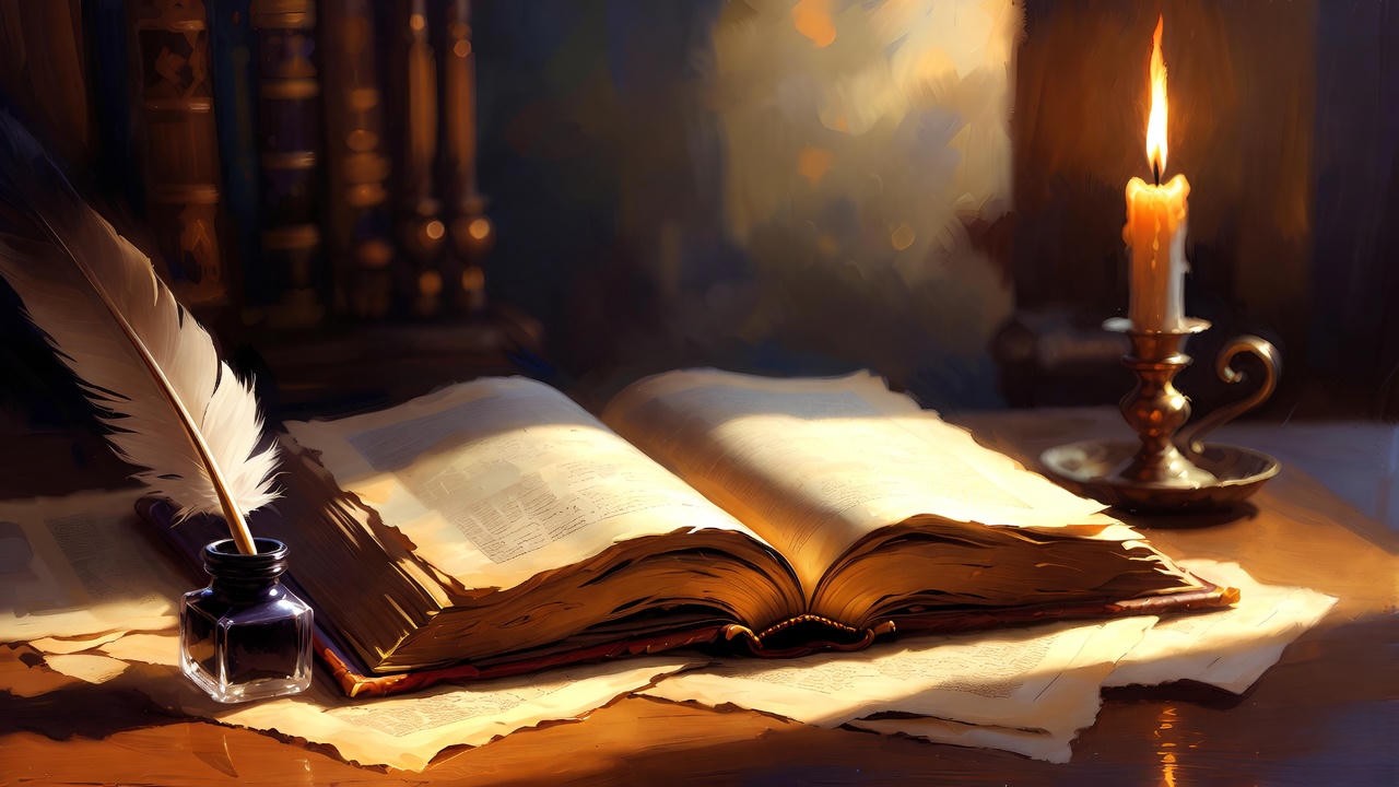 Open antique Shakespeare book with quill and candle on a desk, symbolizing the enduring application of his timeless wisdom to modern life.