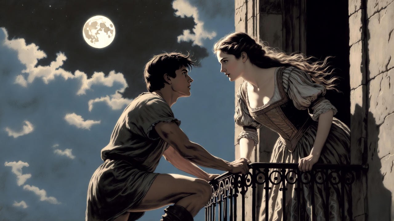 Classic balcony scene illustration from Shakespeare's Romeo and Juliet depicting young forbidden love