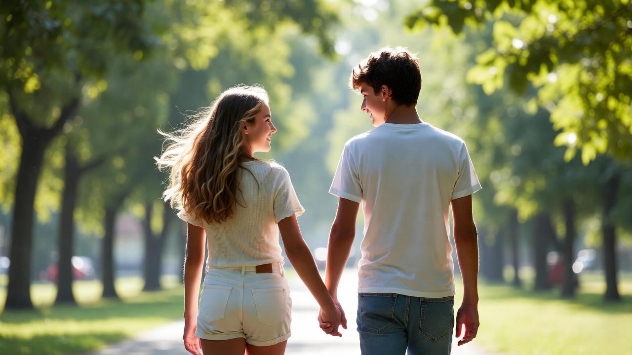Young teenage couple holding hands in park illustrating consensual teen relationships under Romeo and Juliet law Indiana