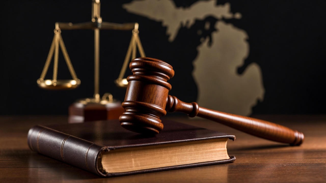 Michigan age of consent laws symbolized by gavel, law book, and scales of justice