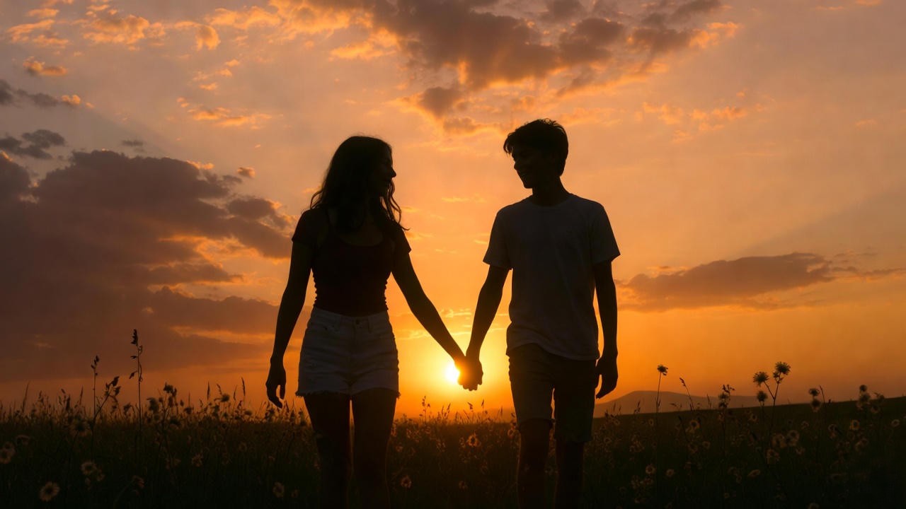 Silhouette of young couple holding hands at sunset, representing real-world teen relationships and consent implications in Michigan