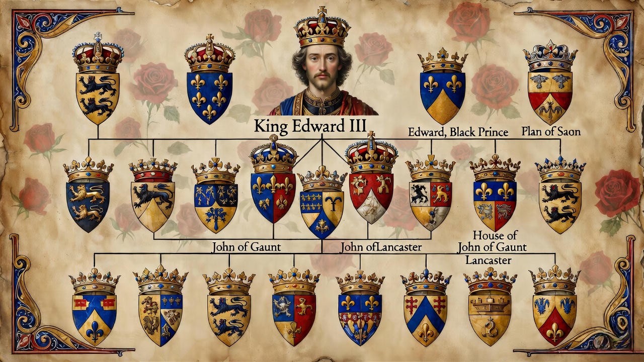 Detailed illustration of the Plantagenet family tree from Edward III, highlighting the Lancastrian branch leading to Henry V.