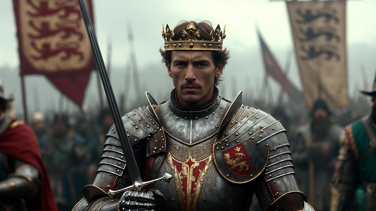 Historical portrait of King Henry V in medieval armor, representing his role as warrior-king in Shakespeare's play and history.