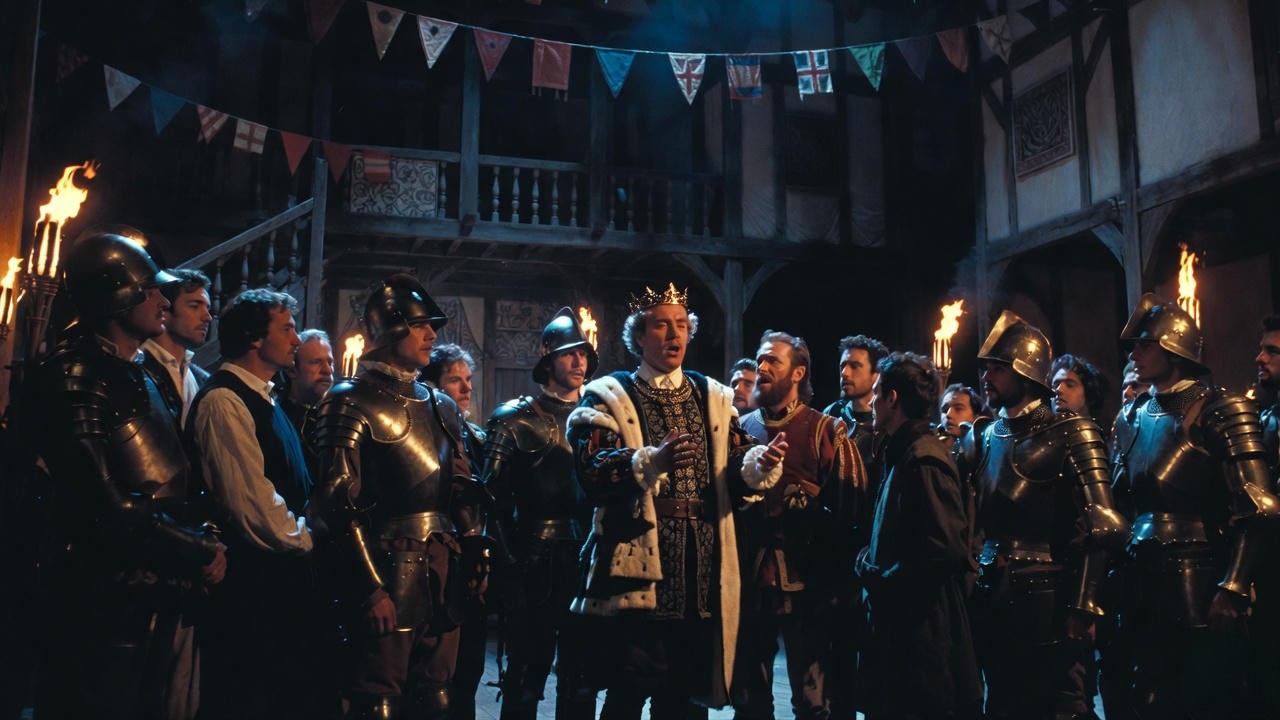 Dramatic stage scene from Shakespeare's Henry V play, depicting the king and his brothers in a moment of royal unity.