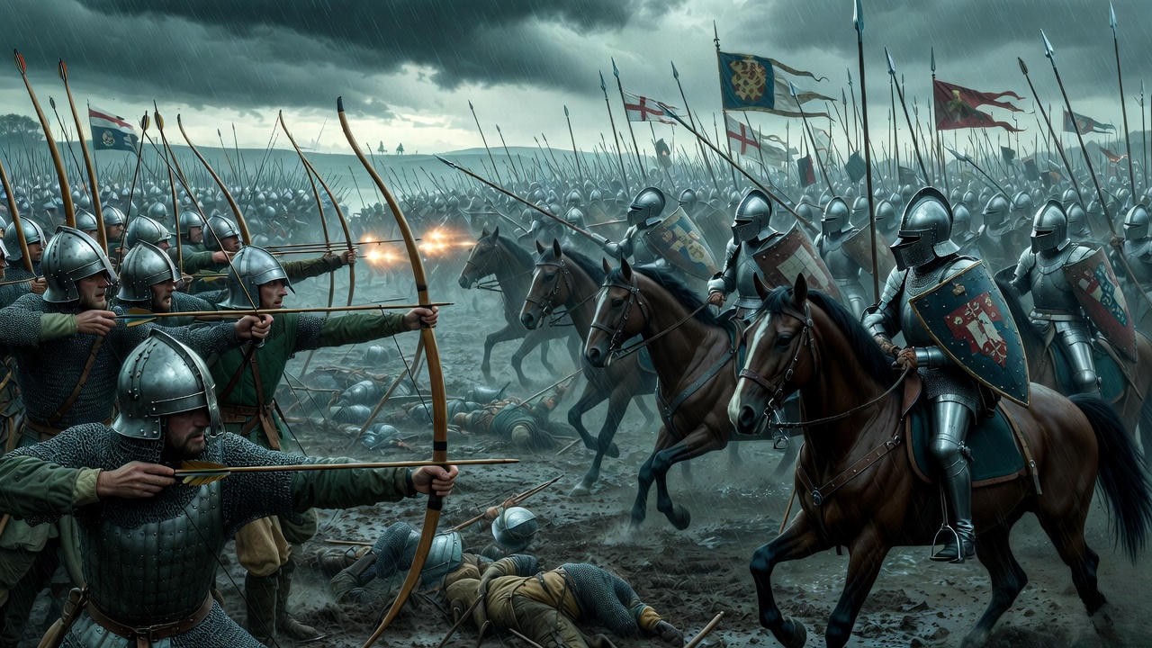 Historical depiction of the Battle of Agincourt, central to Henry V's legacy in history and Shakespeare's play.