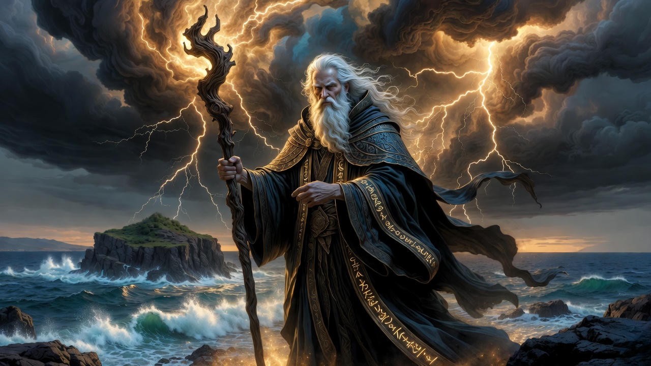 Prospero wielding magic on his exile island, blending toil and forced leisure in Shakespeare's The Tempest