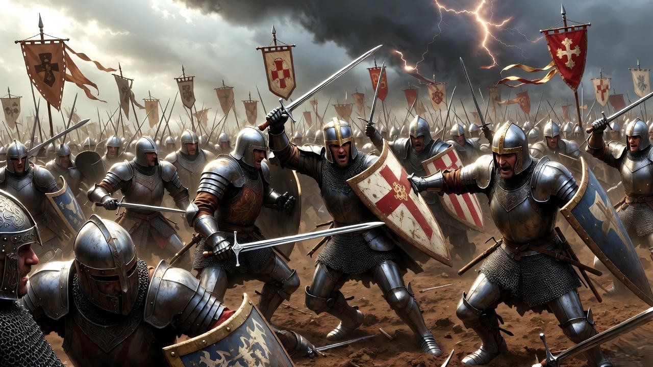 Medieval knights in intense battlefield combat, symbolizing the toil of war in Shakespeare's history plays