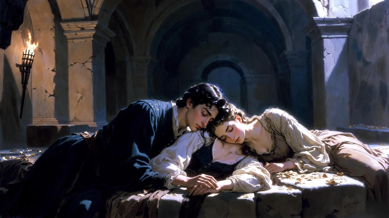 Romeo and Juliet in the tomb scene embodying love and death in Shakespeare's tragedy