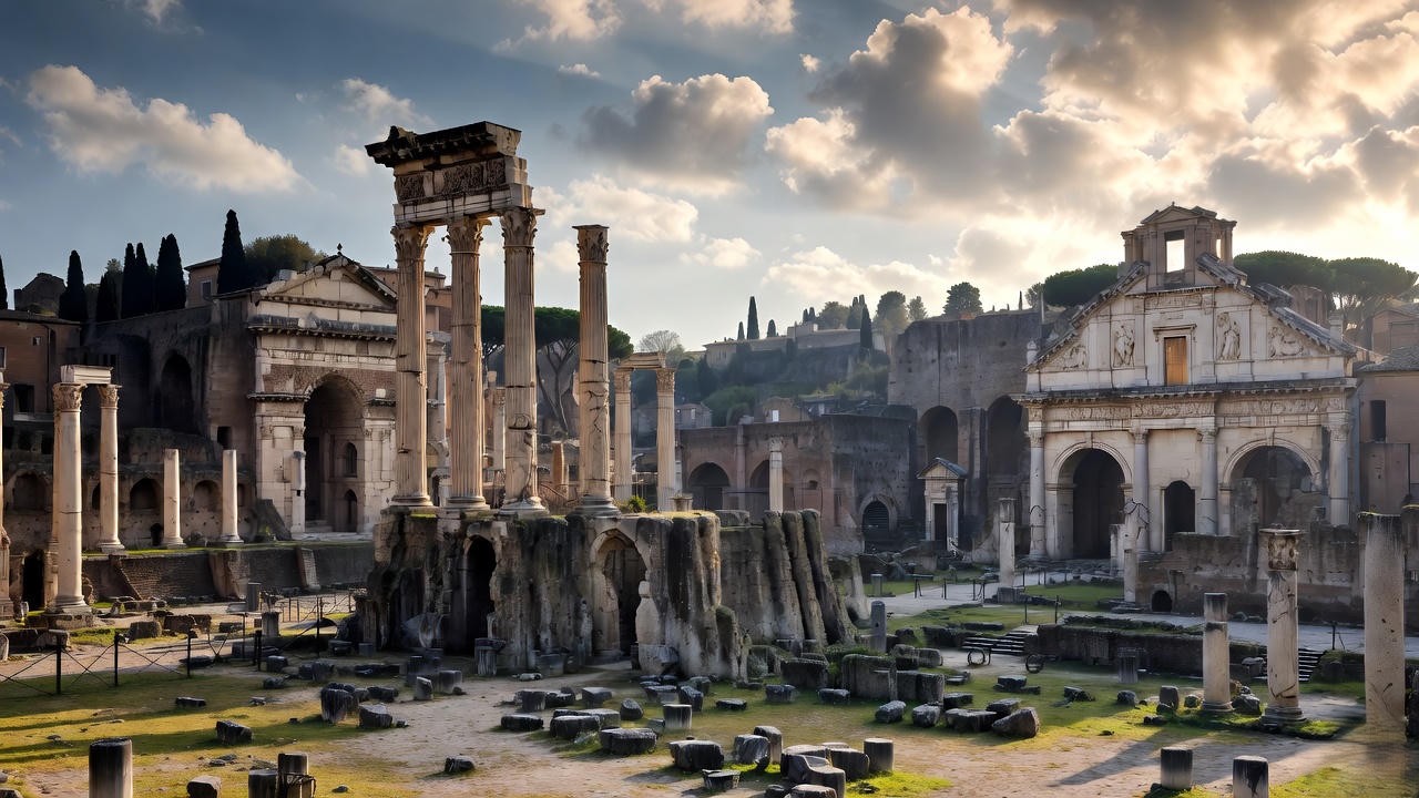 Ancient Roman Forum ruins under dramatic sky, representing Shakespeare's historical sources in his Roman plays