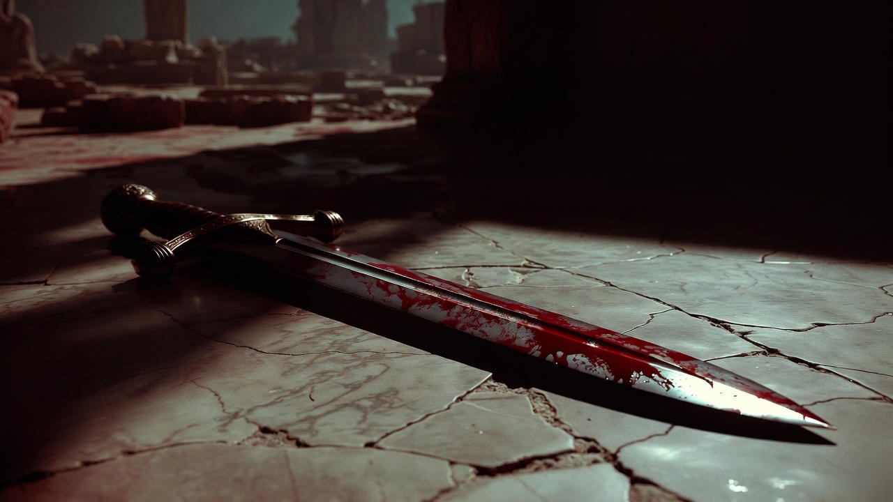 Bloodied Roman sword symbolizing revenge in Shakespeare's Titus Andronicus