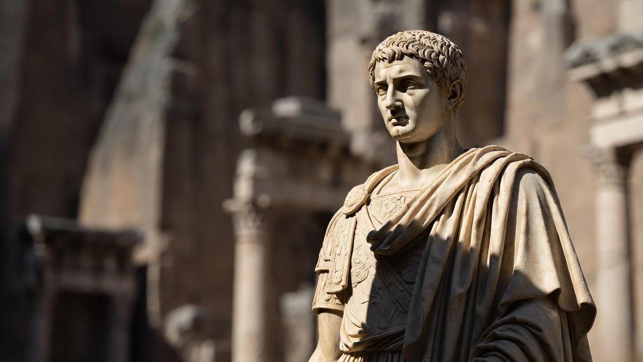 Marble statue of Julius Caesar in toga, evoking Shakespeare's tragedy of the Roman Republic's fall