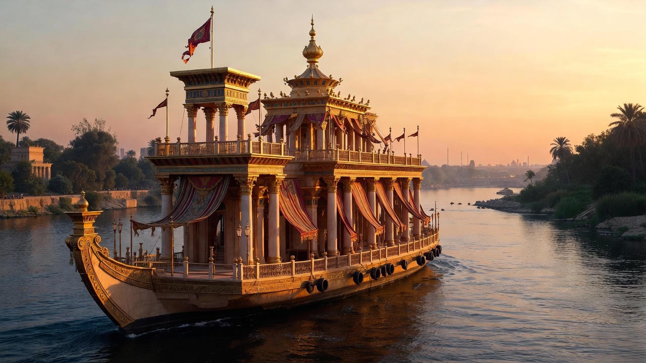 Opulent royal barge on the Nile River, illustrating passion and empire in Shakespeare's Antony and Cleopatra