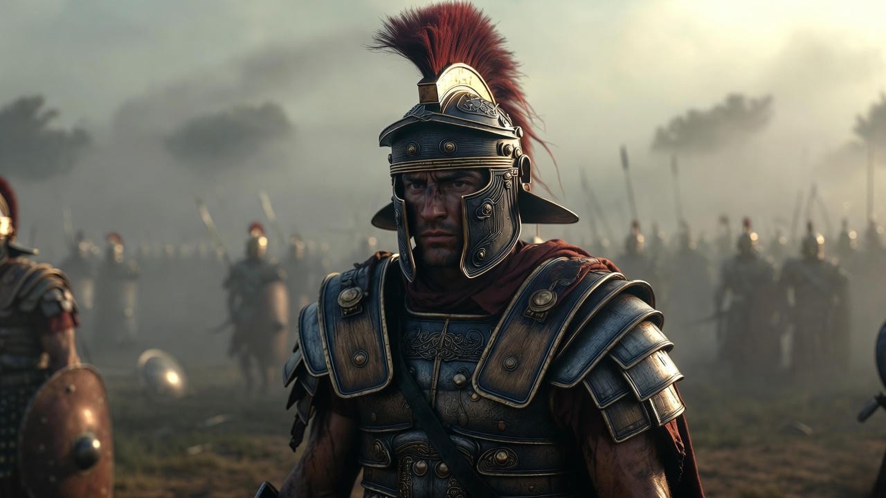 Roman warrior in armor on battlefield, depicting pride in Shakespeare's Coriolanus