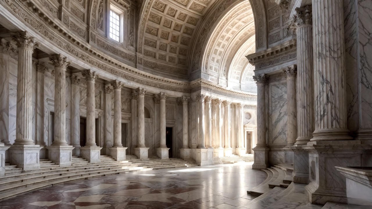 Ancient Roman Senate interior, symbolizing political themes in Shakespeare's Roman plays