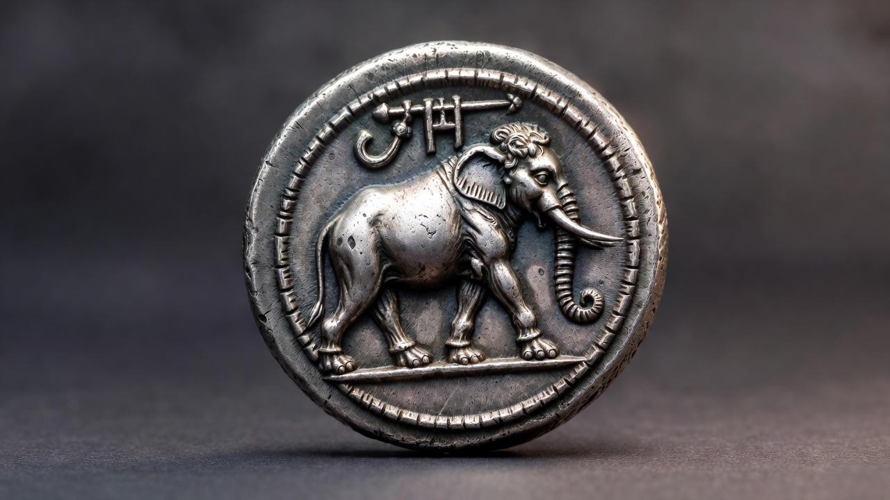 Ancient Roman silver denarius of Julius Caesar featuring elephant trampling serpent, iconic propaganda coin from 49-48 BC