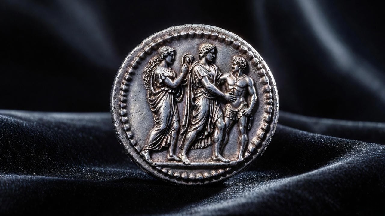 Julius Caesar denarius depicting Venus and Aeneas, symbolizing divine ancestry in ancient Roman coinage