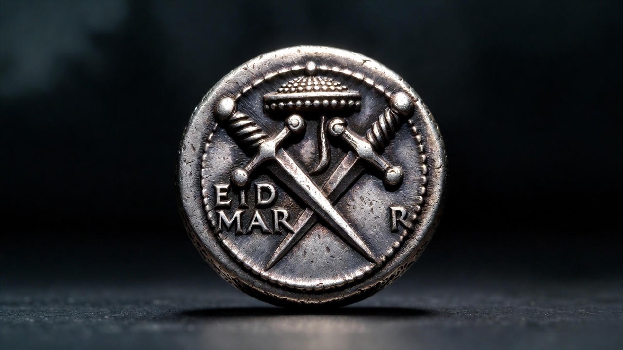 Ides of March EID MAR denarius by Brutus, ancient Roman coin commemorating Julius Caesar's assassination