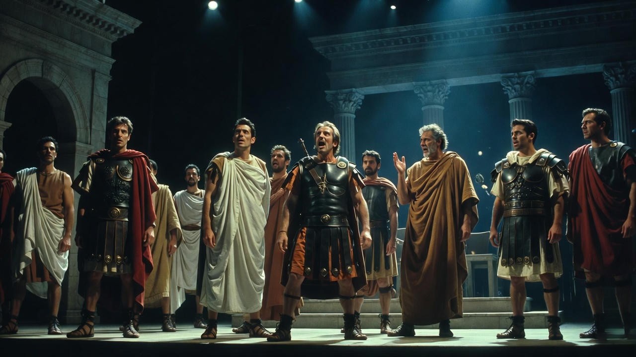 Dramatic stage performance of Shakespeare's Julius Caesar play with actors in Roman togas depicting betrayal and ambition