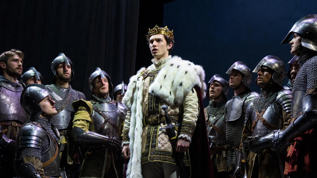Actor as King Henry V delivering the St Crispin's Day speech on stage in Shakespeare's Henry V production