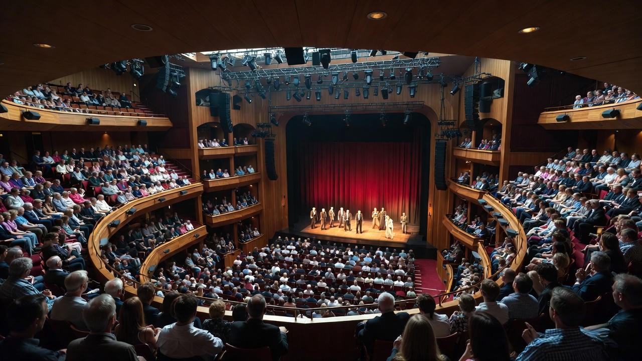 Interior of Royal Shakespeare Theatre thrust stage during a Henry V performance with audience surrounding actors