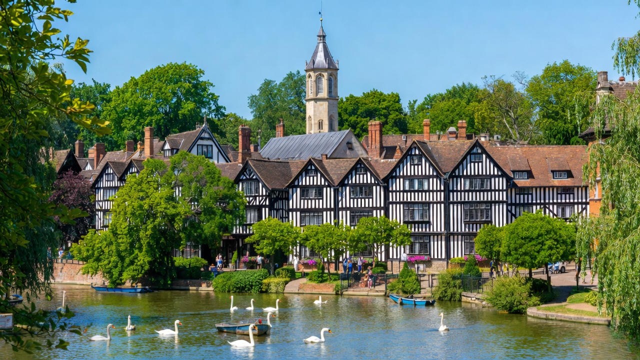 Scenic view of Stratford-upon-Avon with Royal Shakespeare Theatre and River Avon for Shakespeare fans visiting Henry V production