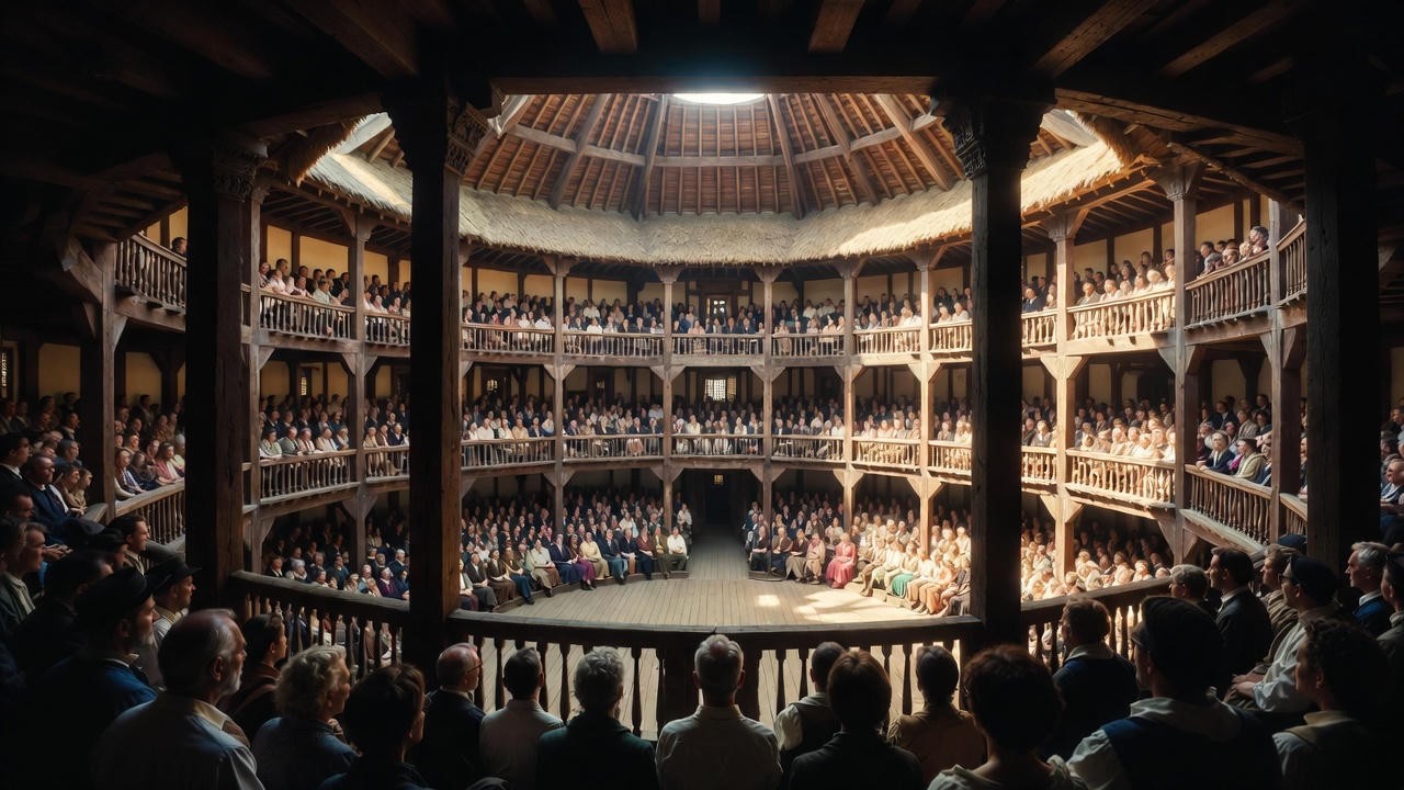 Interior reconstruction of Shakespeare's Globe Theatre Elizabethan stage, illustrating the setting of Henry V prologue.