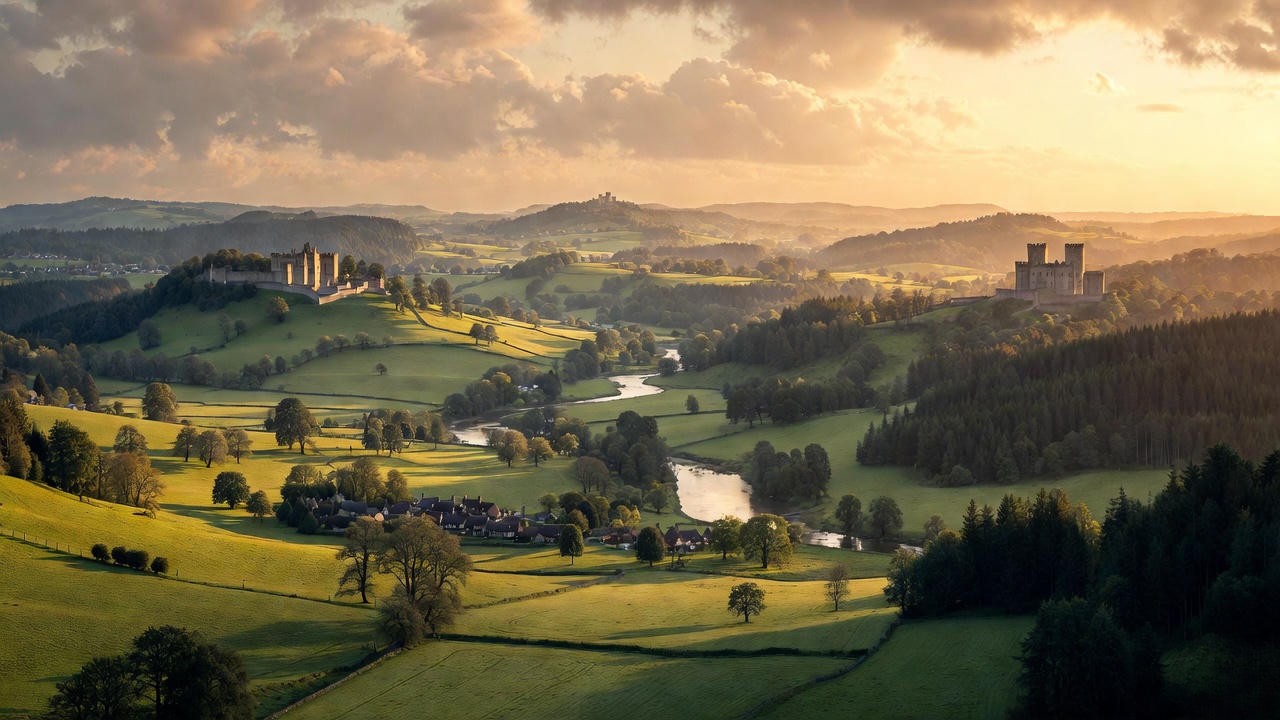 Medieval English countryside landscape with castles, evoking historical context of Shakespeare's Henry V prologue.