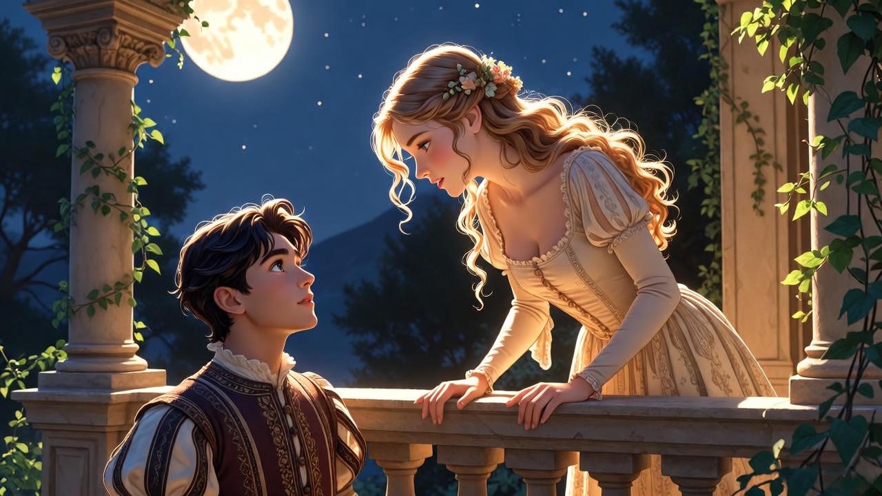 Illustration of Romeo and Juliet balcony scene depicting Shakespeare's themes of young passionate love