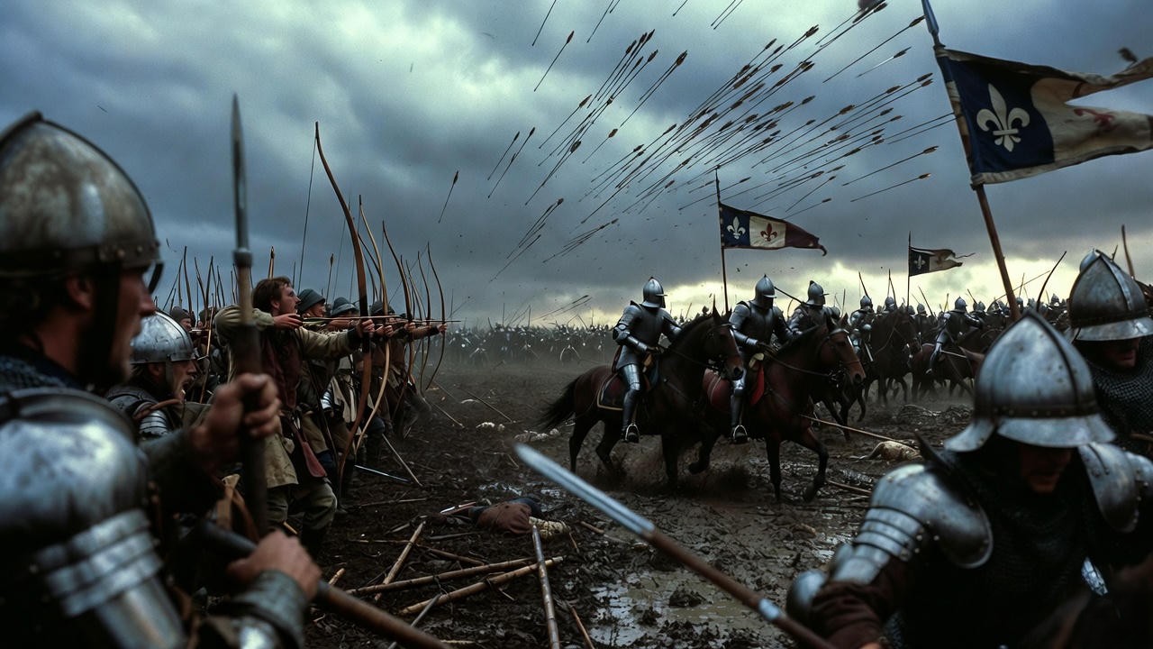 English army facing French knights at the Battle of Agincourt in Shakespeare's Henry V