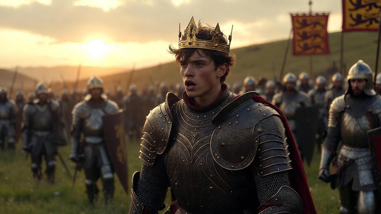 King Henry V delivering an inspirational speech to his troops in Shakespeare's Henry V